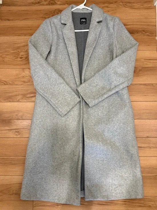 ZARA Light Gray Long Notch-Lapel Trench Coat - Size US Small - Picture 3 of 12